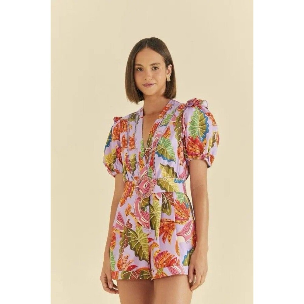 Farm Rio Women’s Beaks And Bananas Lavendar Romper Size Small